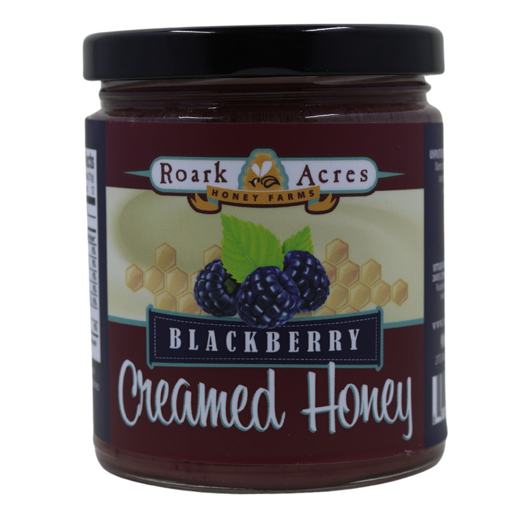 Jar of Roark Acres Blackberry Creamed Honey on a white background