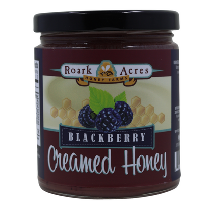 Jar of Roark Acres Blackberry Creamed Honey on a white background