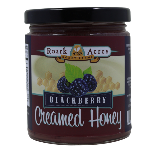 Jar of Roark Acres Blackberry Creamed Honey on a white background