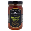 Jar of Infused Medium Serrano Pepper Honey with a black label on a white background