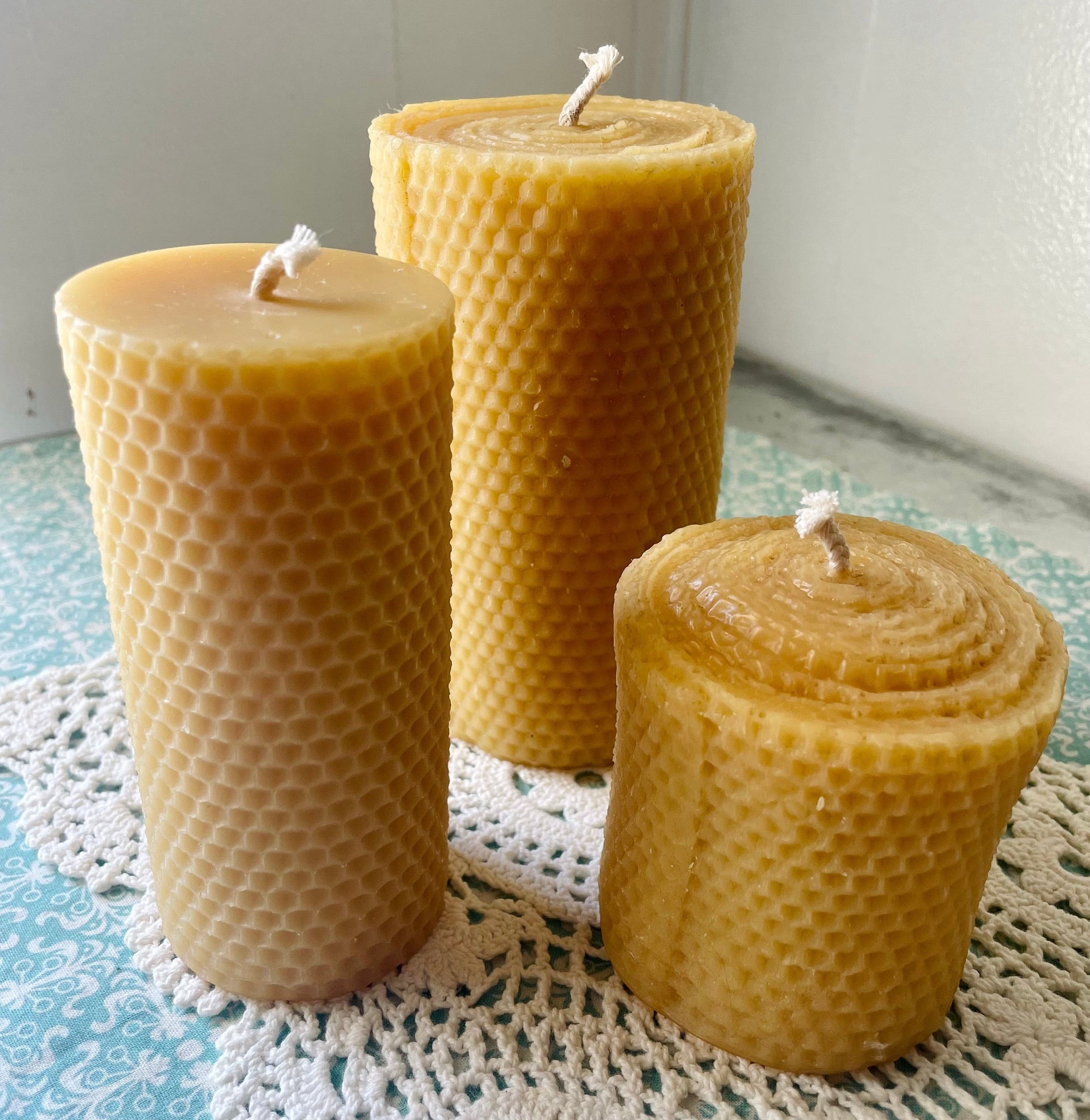 Honeycomb Beeswax Pillar Candles.